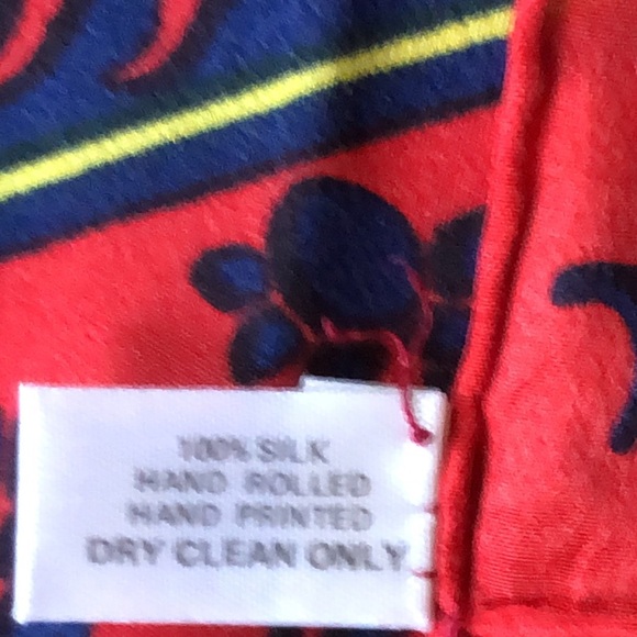 Lillian Venon Silk scarf in a classic floral design in navy blue, red and gold - Picture 9 of 14